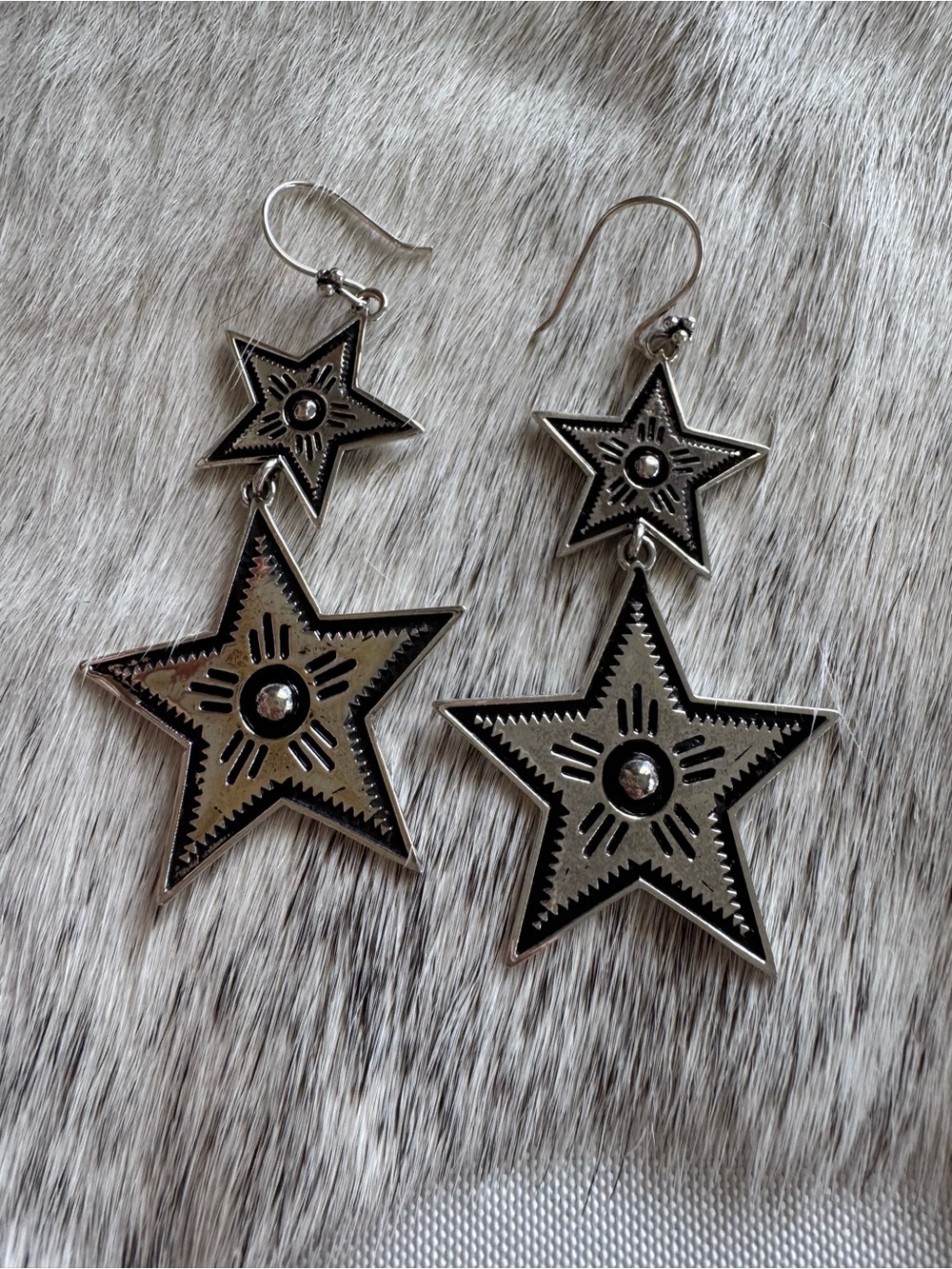 Silver Star Drop Earrings - Double Star Design